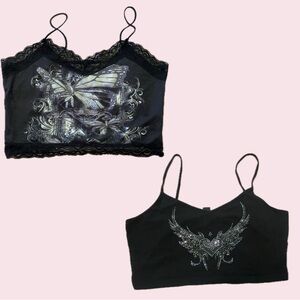 Black Lace Butterfly and Angel Heart Rhinestone Cami Tank Tops Crop Tops